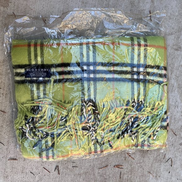 BURBERRY lime green/black/coral 100% CASHMERE long scarf NEW 25.5 in.W x 35 in.L - Picture 1 of 9